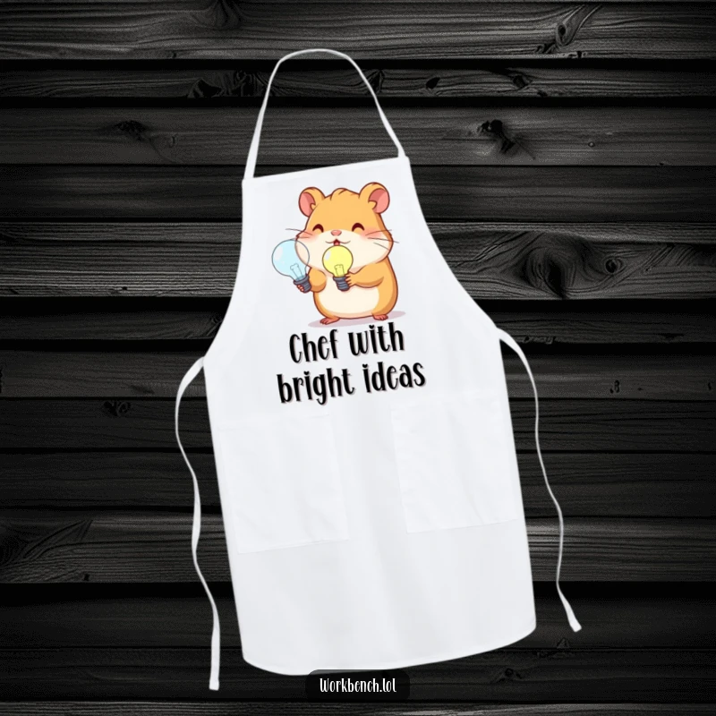 Funny hamster holding a lightbulb on a kitchen apron, suitable for chefs and home cooks alike.