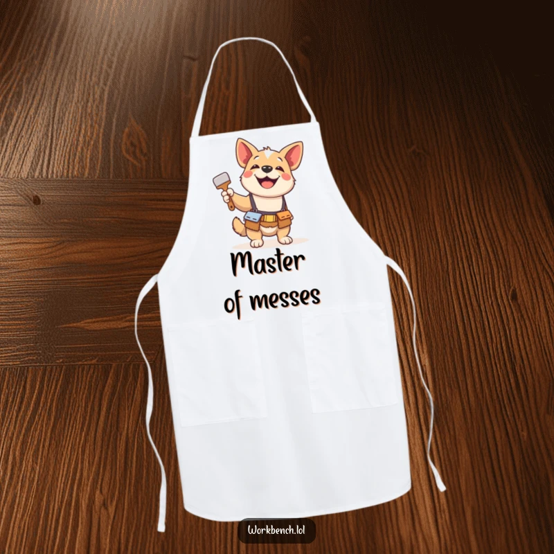 Funny apron showing a playful dog in a tool belt, gleefully holding a paintbrush, perfect for art projects or kitchen adventures with humor.