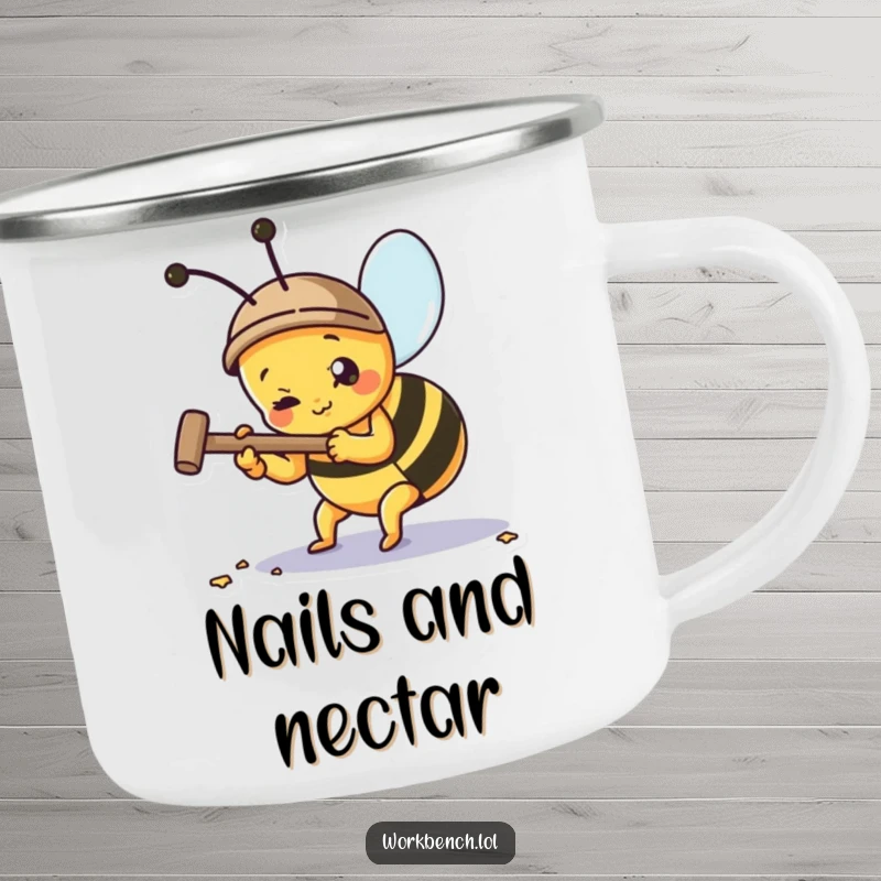 Durable funny camping mug with a bee character hammering a nail, perfect for outdoor adventures.