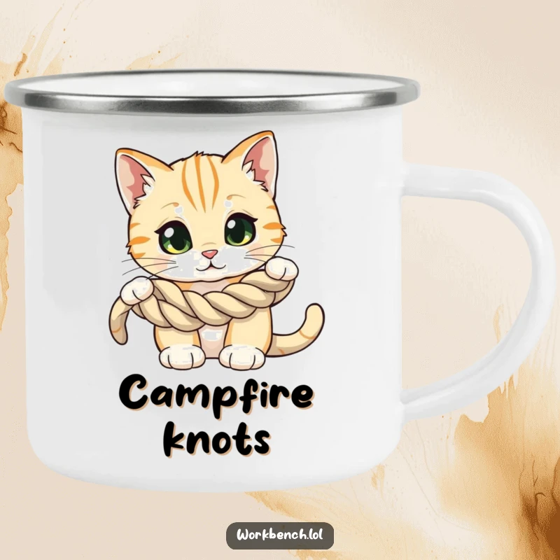 Funny camping mug showing a curious cat with wide eyes, examining a coiled rope, ready for outdoor exploration and feline humor.