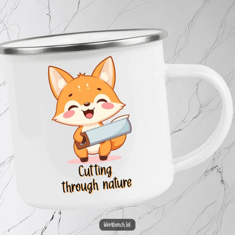 Funny fox carpenter camping mug, cheerful fox with a saw, ideal for outdoor activities and bringing humor.