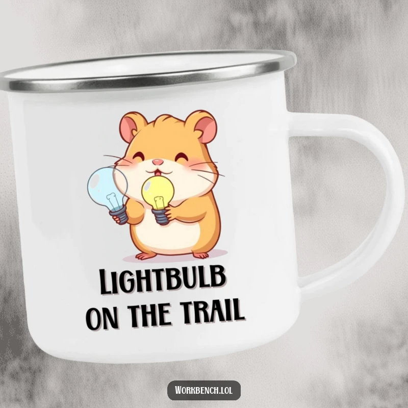 Durable funny camping mug with a hamster holding a lightbulb, perfect for outdoor brainstorming.