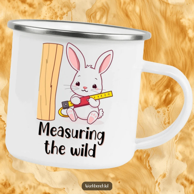 Funny rabbit carpenter camping mug, rugged design with a rabbit measuring wood, ideal for outdoor adventures and humor.