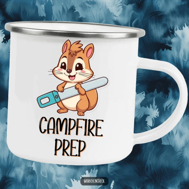 Funny squirrel camping mug featuring a cheerful character holding a saw with a wide grin, perfect for enjoying beverages outdoors.