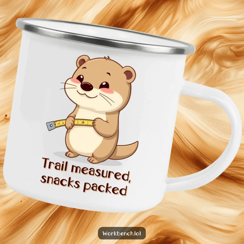 Durable funny camping mug with a happy otter holding a measuring tape, perfect for outdoor adventures.