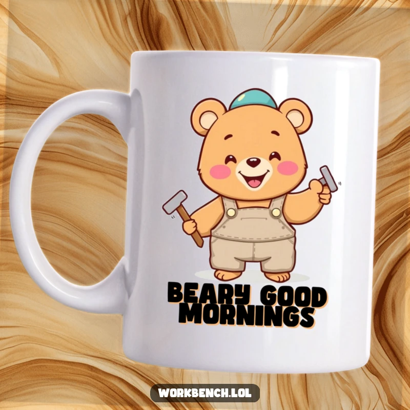 Funny mug featuring a happy bear in overalls, cheerfully hammering a nail with gusto, symbolizing DIY fun and woodland charm.