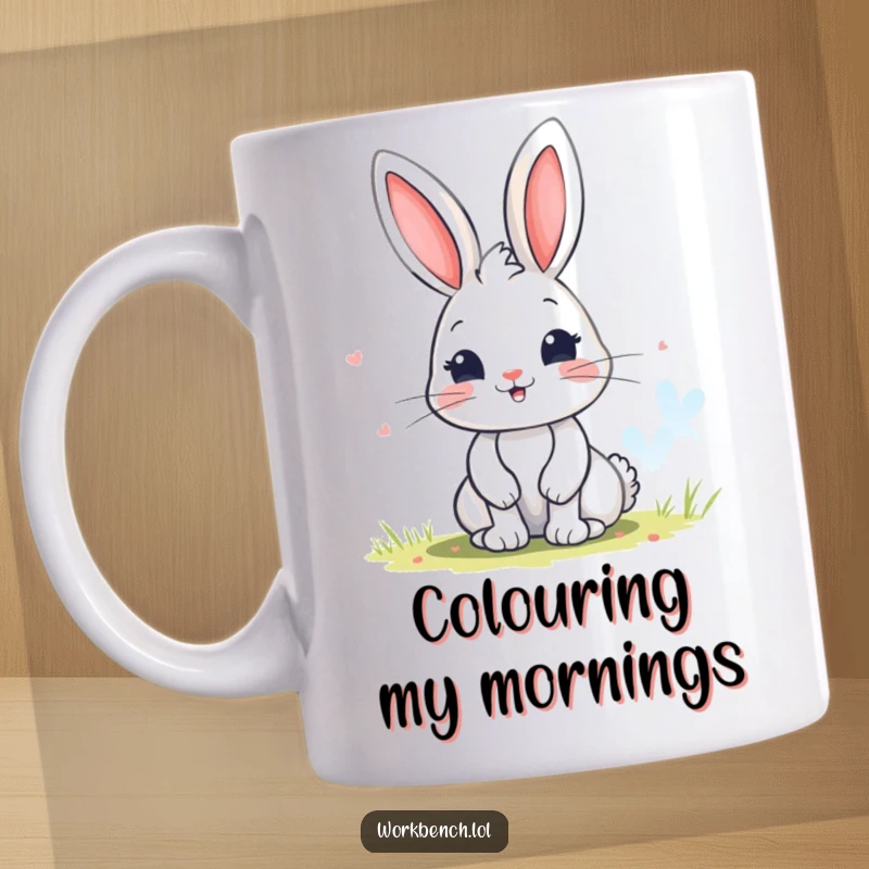Funny bunny mug featuring a playful character happily painting a colorful picture, radiating creativity and joy.