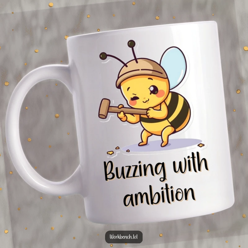 Funny bee hammering a nail with intense focus, representing hard work and dedication, perfect for coffee lovers.
