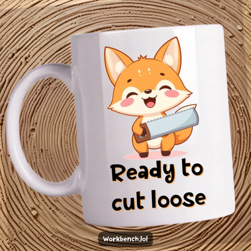 Funny fox carpenter mug, smiling fox with a small saw, ready for exciting DIY projects with a cheerful attitude.