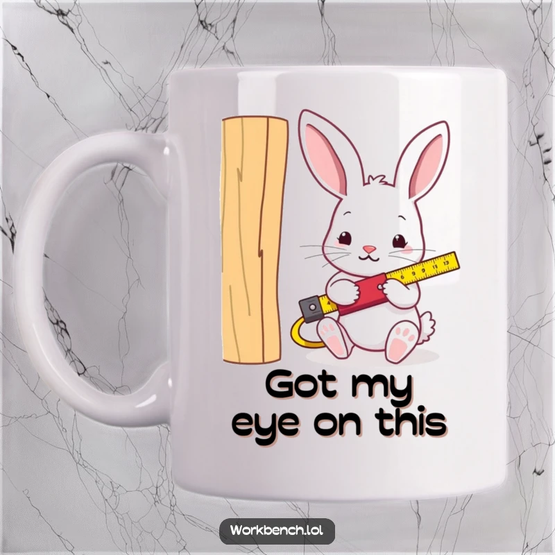 Funny rabbit carpenter mug, meticulously measuring a wooden plank with a tape measure, ready for a DIY project.