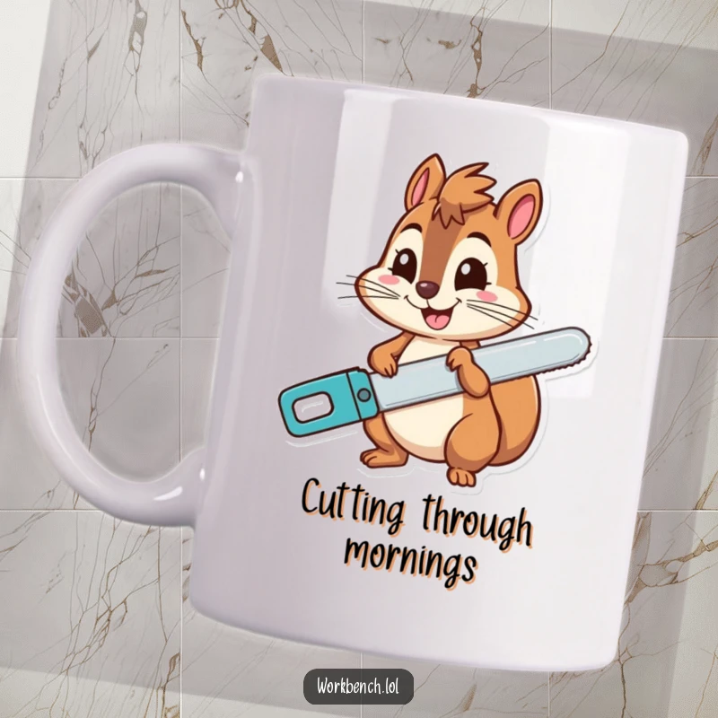 Funny squirrel mug featuring a cheerful character holding a saw with a wide, mischievous grin, radiating playful intent.