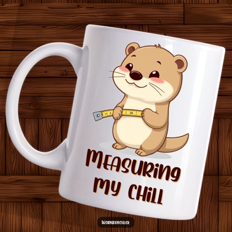 Funny happy otter character cheerfully using a measuring tape, representing fun and precision, on a mug.