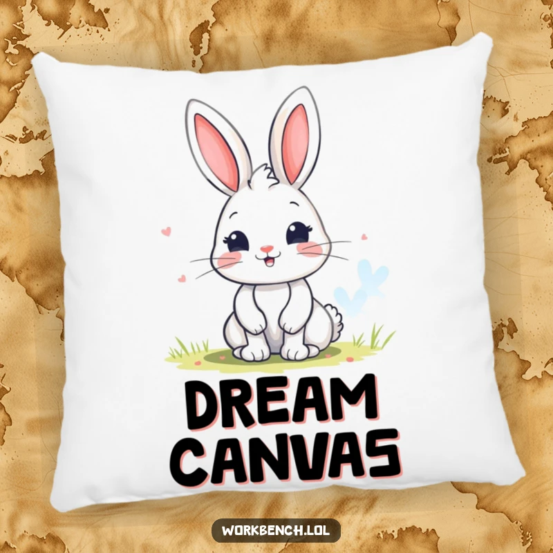 Funny bunny pillow featuring a playful character painting a colorful picture, designed for comfort and adding a whimsical artistic touch.