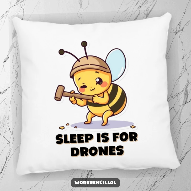 Soft funny pillow with a bee character hammering a nail, offering comfort and a touch of humor.