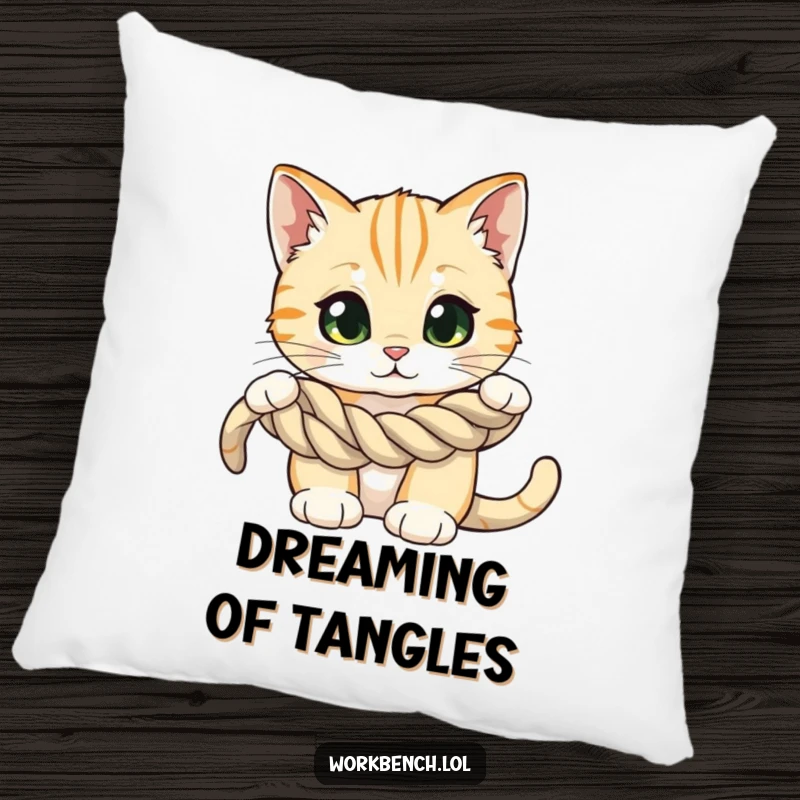 Funny pillow featuring a curious cat with wide eyes, examining a coiled rope, offering comfort and mystery-themed amusement.