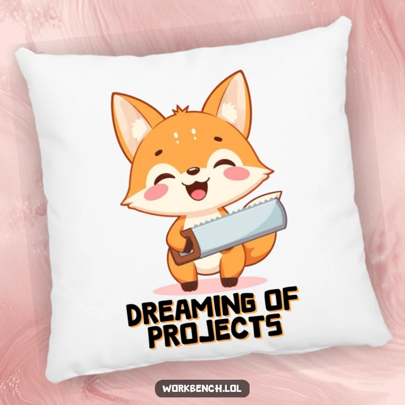 Funny fox carpenter pillow, smiling fox with a saw, bringing comfort and enthusiastic DIY humor to decor.
