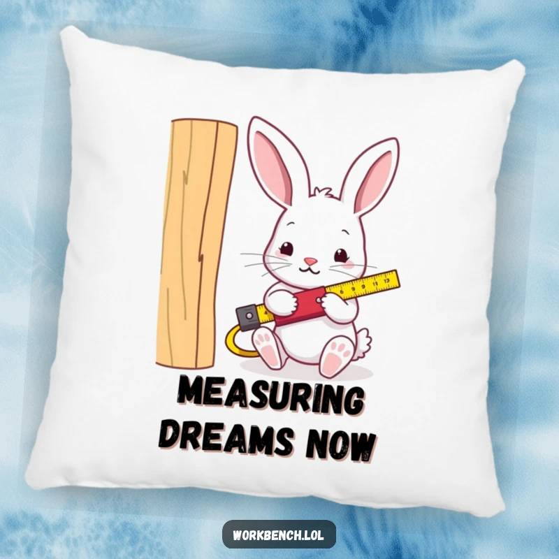 Funny rabbit carpenter pillow, cute rabbit focused on measuring wood, adding comfort and humor to any space.