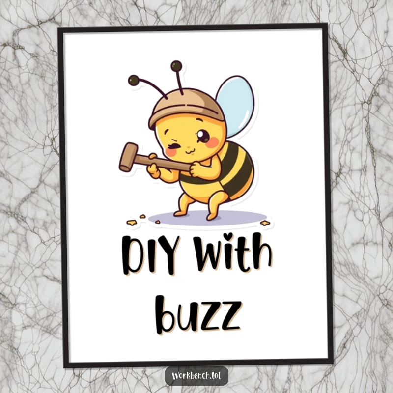 Funny bee hammering a nail, digital art print, energetic and humorous illustration for your walls.