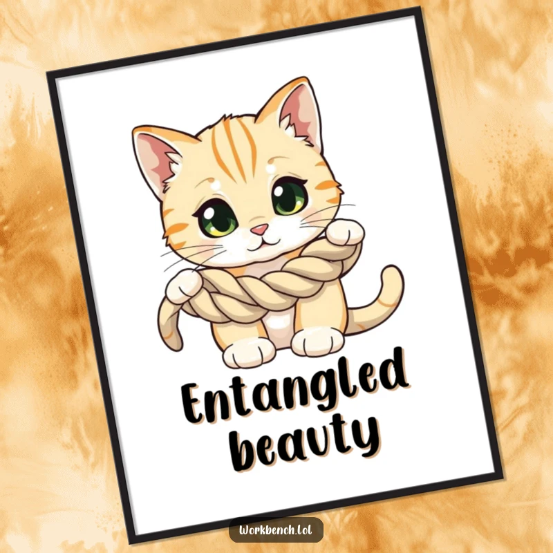 Funny digital art print of a curious cat with wide eyes, examining a coiled rope, capturing a moment of intense feline investigation.