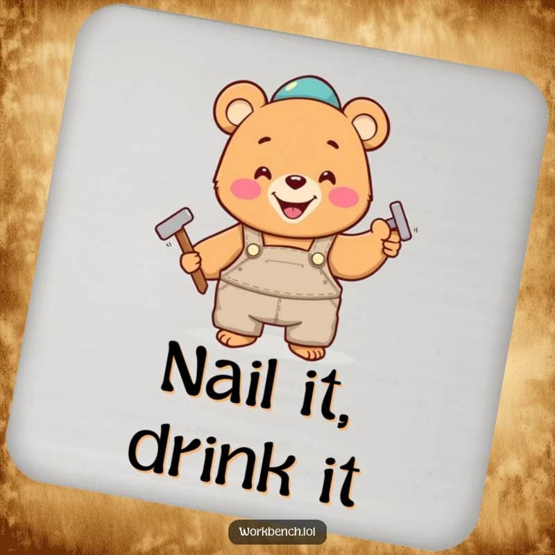 Funny drink coaster featuring a happy bear in overalls, cheerfully hammering a nail, adding a touch of DIY humor and protection.