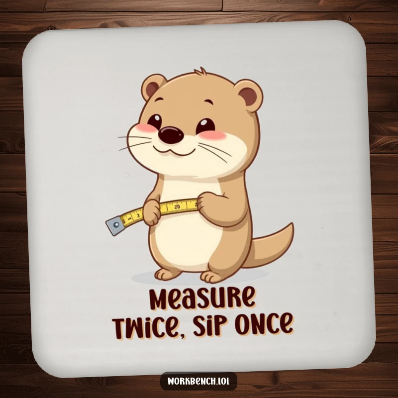Funny otter holding a measuring tape on a drink coaster, protecting surfaces with a humorous design.