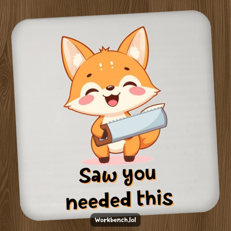 Funny fox carpenter drink coaster, featuring an excited fox with a saw, adding humor and surface protection.
