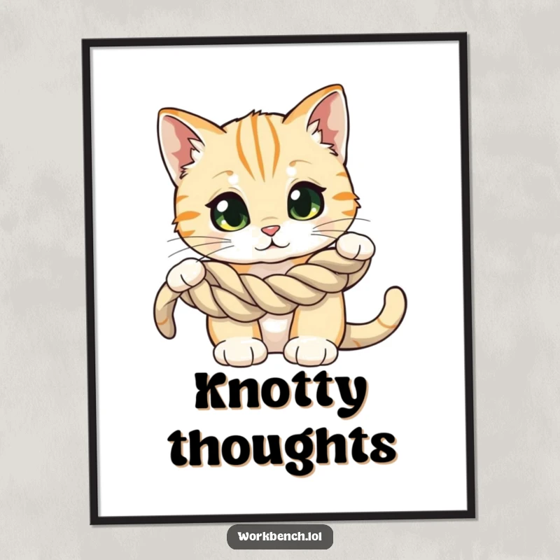 Funny poster print of a curious cat with wide eyes, intently examining a coiled rope, celebrating feline curiosity and mystery.