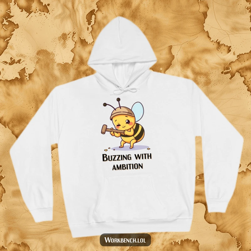Cozy funny bee hoodie design of a bee intensely hammering a nail, great for cold weather and bee enthusiasts.