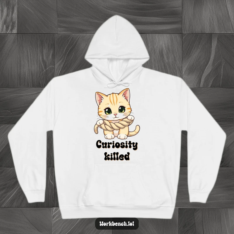 Funny hoodie featuring a curious cat with wide eyes, intently examining a coiled rope, symbolizing mystery and playful exploration.