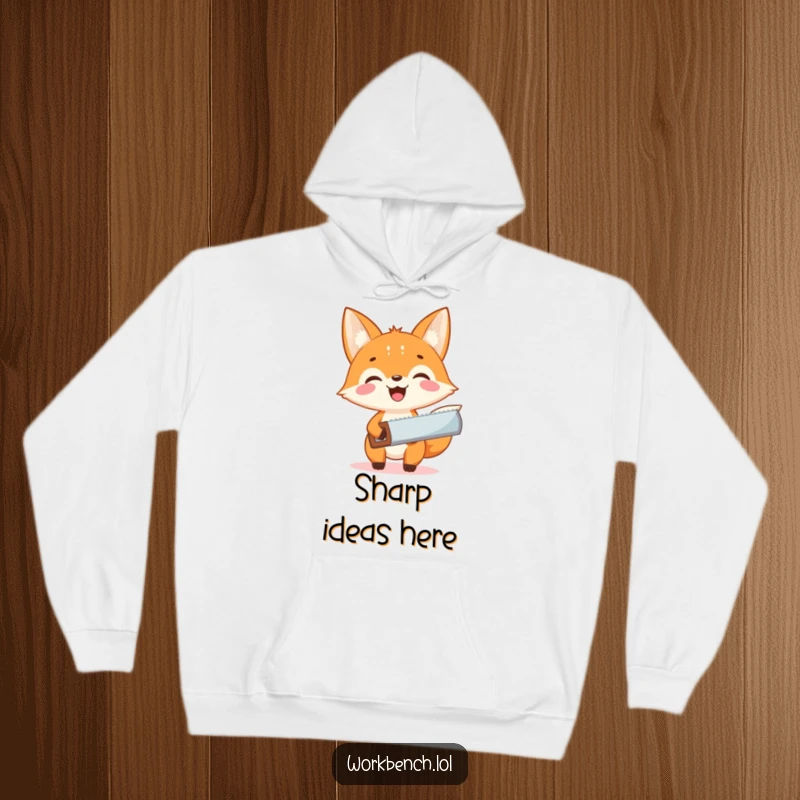 Funny fox carpenter hoodie, cheerful fox with a saw, embodying the excitement of DIY creation and warmth.