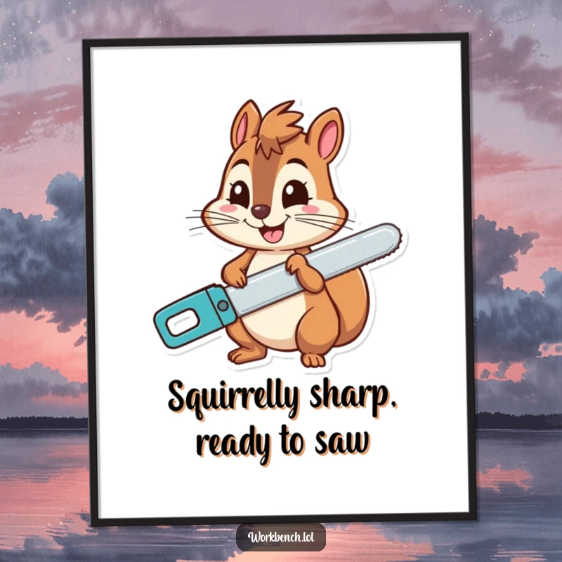Funny free printable wall art of a cheerful squirrel with a wide, mischievous grin, holding a carpenter's saw, ready for DIY.