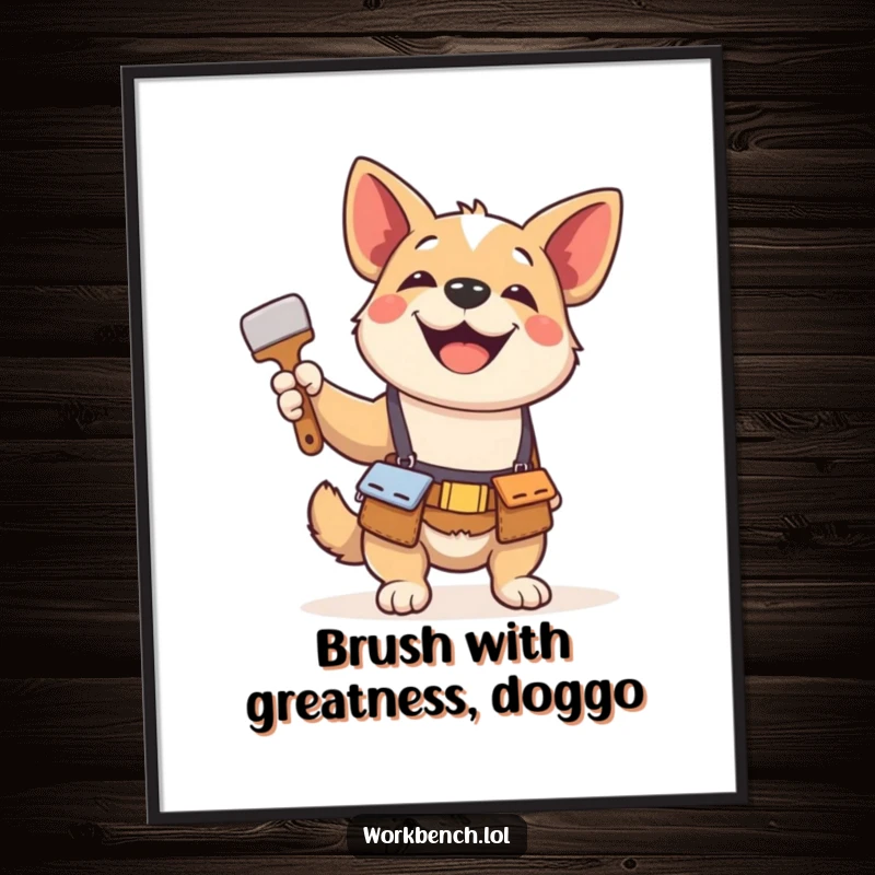 Funny Free Printable Wall Art: A happy dog wearing a tool belt, gleefully brandishing a paintbrush, ready to create.