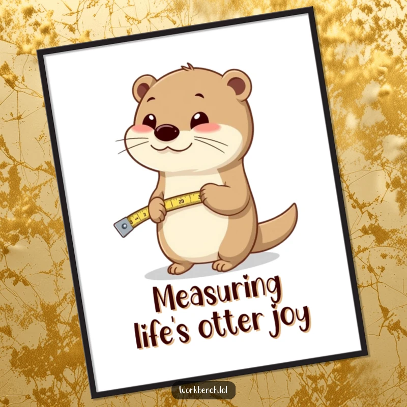 Funny free printable wall art of a happy otter holding a measuring tape, humorously assessing the space or the viewer's size.