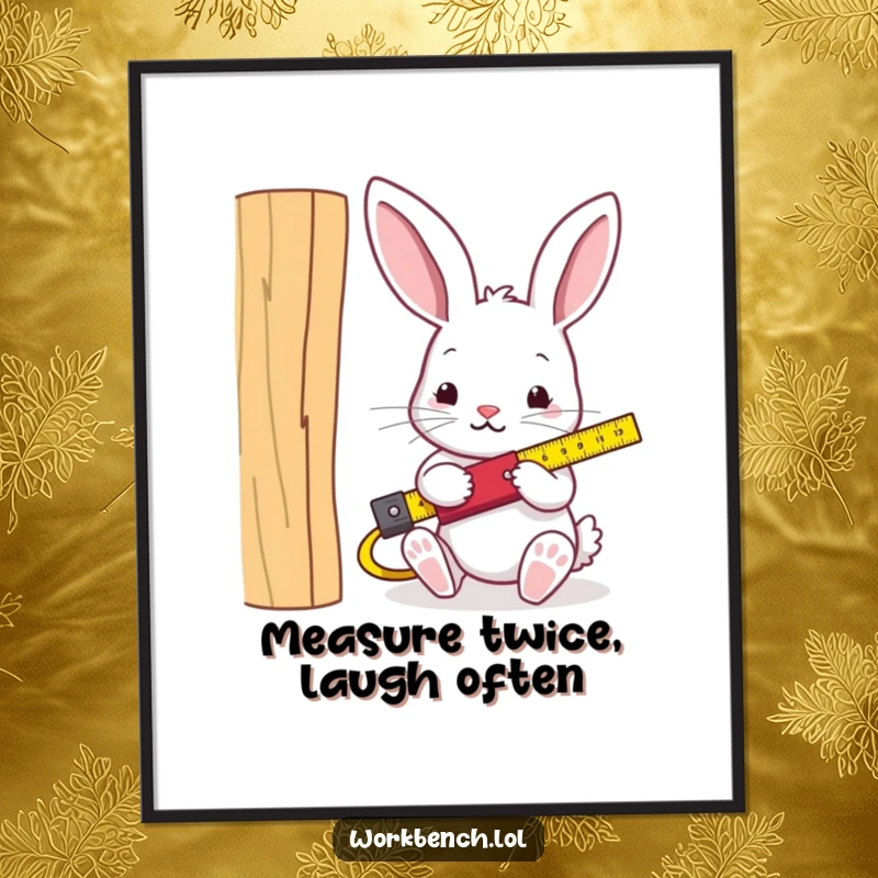 Funny Free Printable Wall Art: Rabbit carpenter with measuring tape, planning a DIY home improvement project.