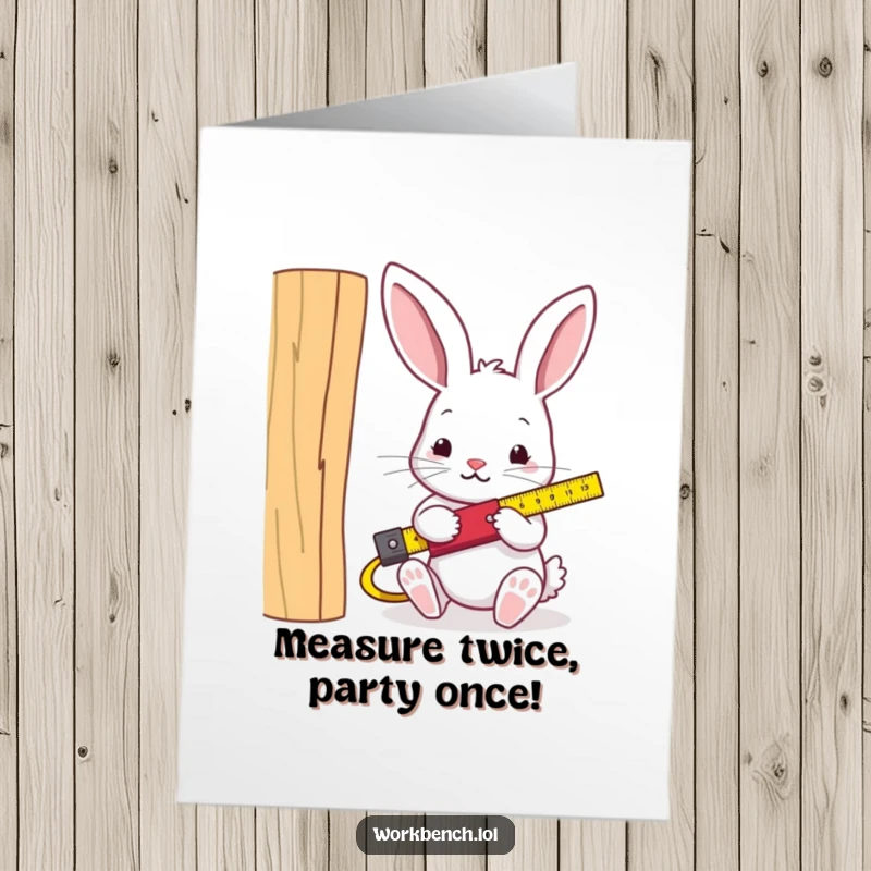 Funny Free Printable Birthday Card: Rabbit carpenter meticulously measuring wood plank for a DIY project.