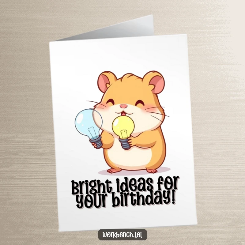Funny free printable birthday card featuring a determined hamster proudly holding a glowing lightbulb, symbolizing a bright idea and celebration.