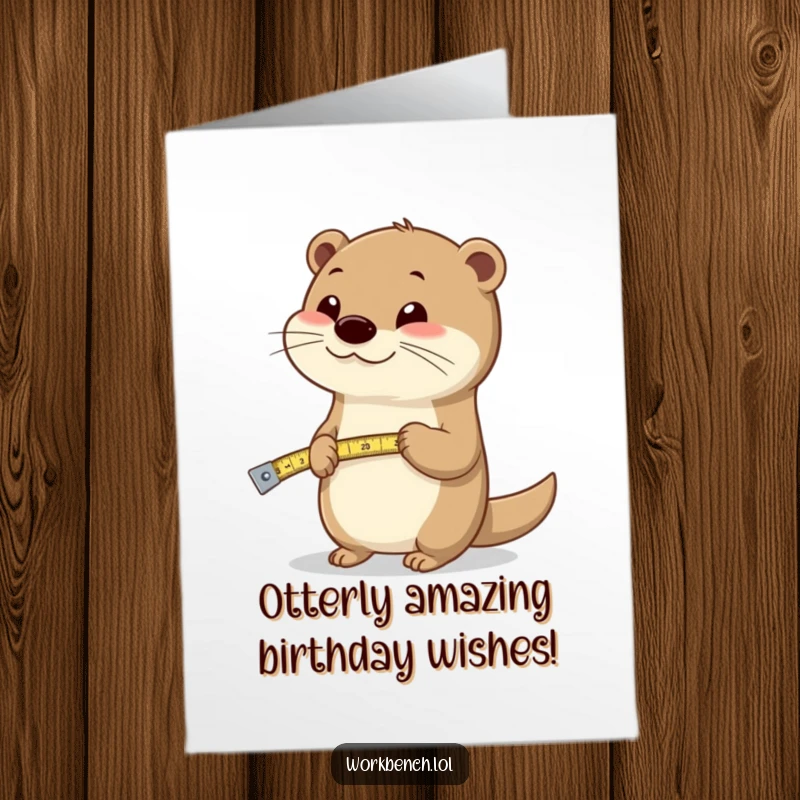 Funny free printable birthday card featuring a happy otter enthusiastically using a measuring tape, ready to size up the celebration.