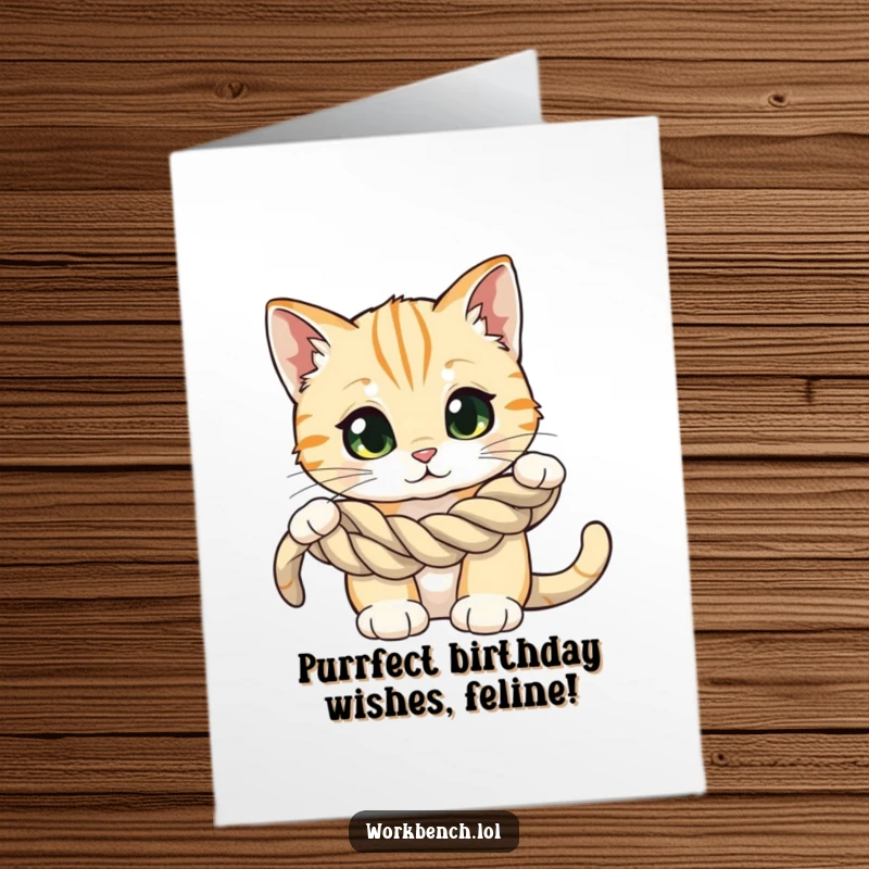 Funny Free Printable Birthday Card: A wide-eyed cat curiously inspects a coiled rope, pondering its mysteries.