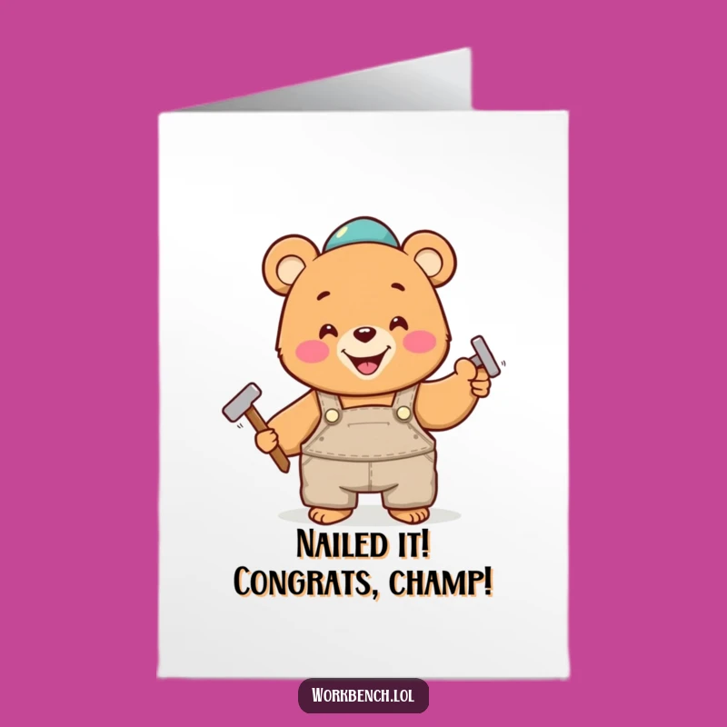Free Printable Bear Congrats Card: Hammering Success Card Downloadable