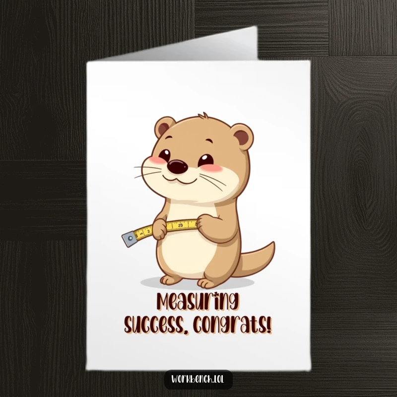 Free printable congratulations card with a happy otter stretching a measuring tape, symbolizing the great lengths of their achievement. Hilarious!