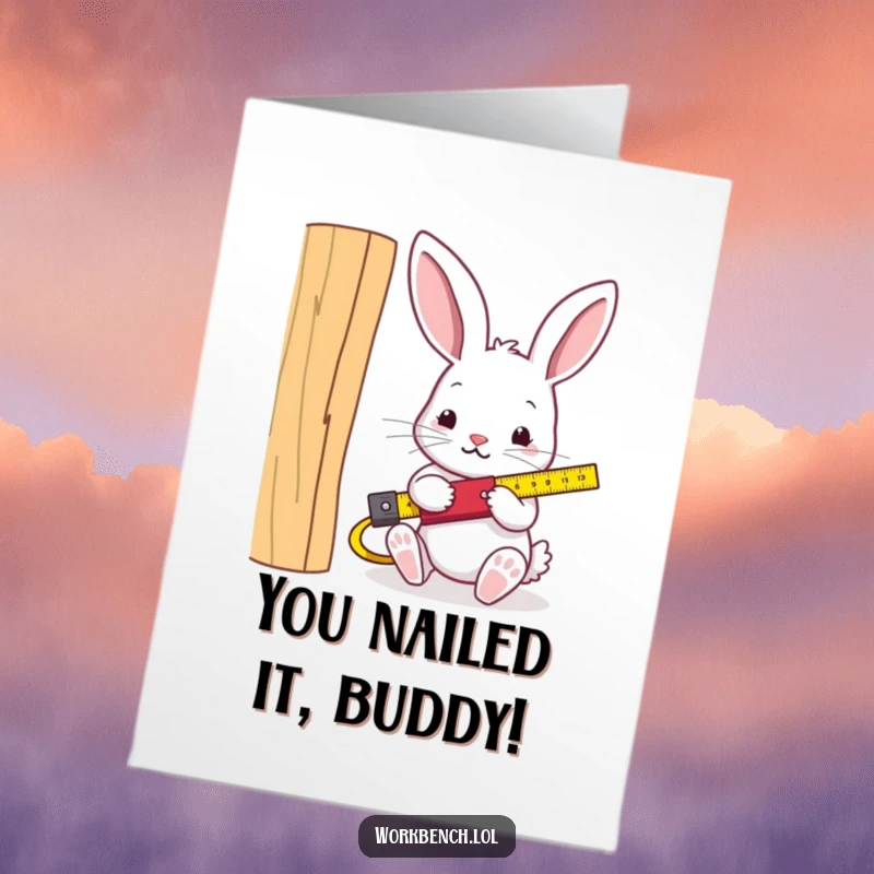 Funny Free Printable Congratulations Card: Rabbit builder focused on measuring wood, celebrating success.
