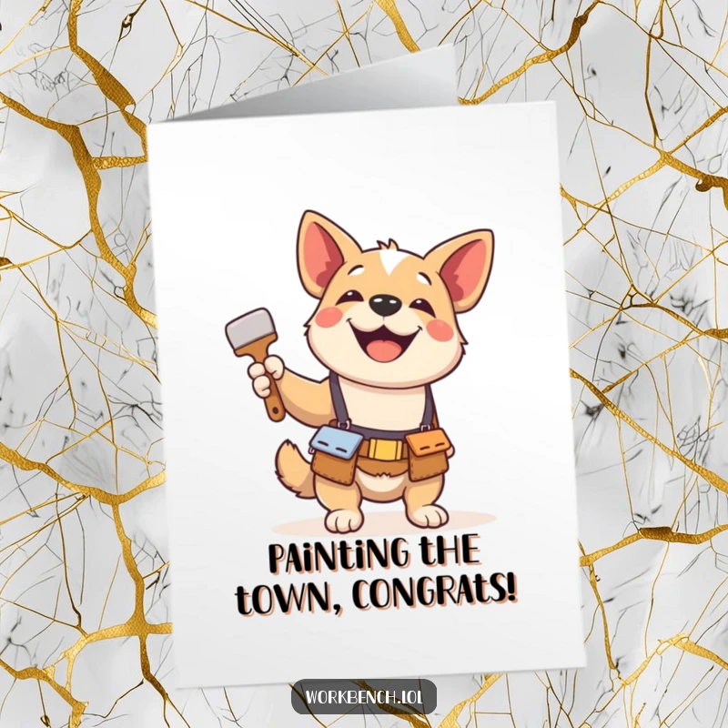 Free Printable Congratulations Card: A dog in full tool belt proudly holds up a paintbrush, ready to celebrate.