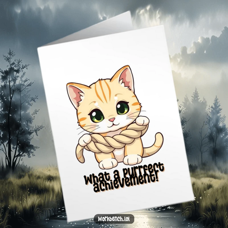 Free Printable Congratulations Card: A cat with wide, curious eyes intently examines a coiled rope, ready for discovery.