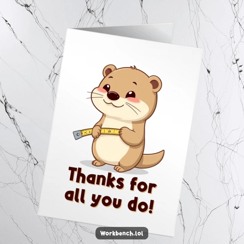 Funny free printable thank you card depicting a happy otter using a measuring tape, playfully indicating the vastness of gratitude.