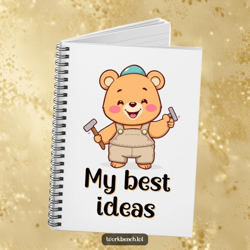 Funny notebook with a cover depicting a happy bear in overalls, cheerfully hammering a nail, inspiring productive note-taking.