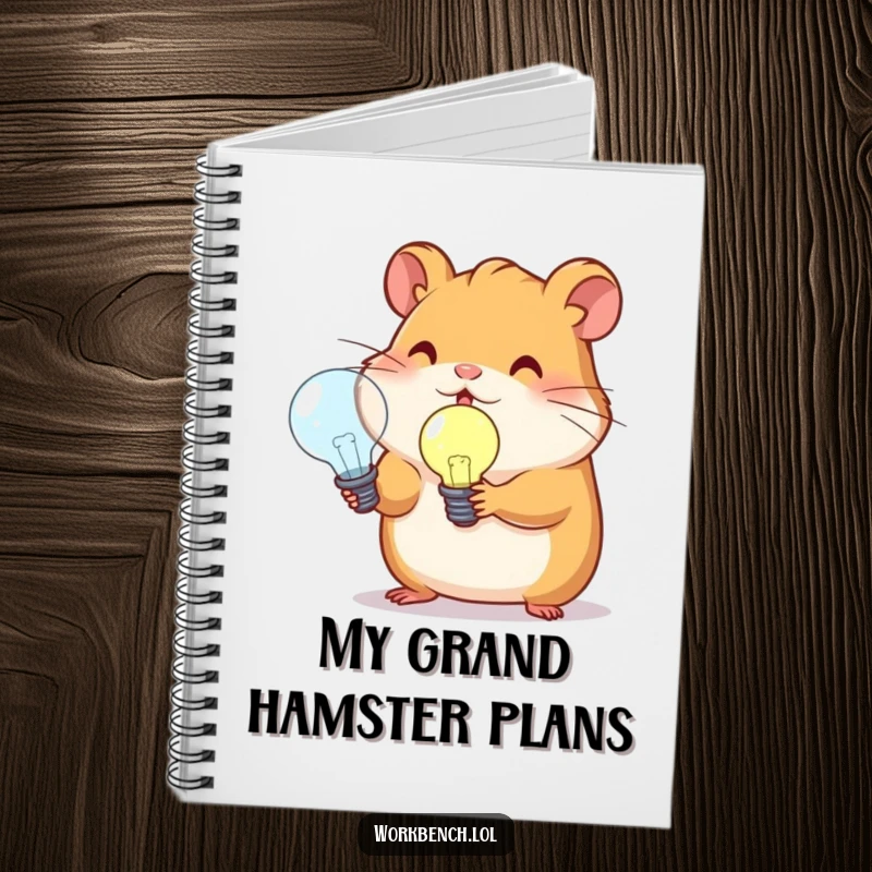 Funny hamster with a lightbulb on a ruled notebook, ideal for capturing brilliant thoughts and plans.
