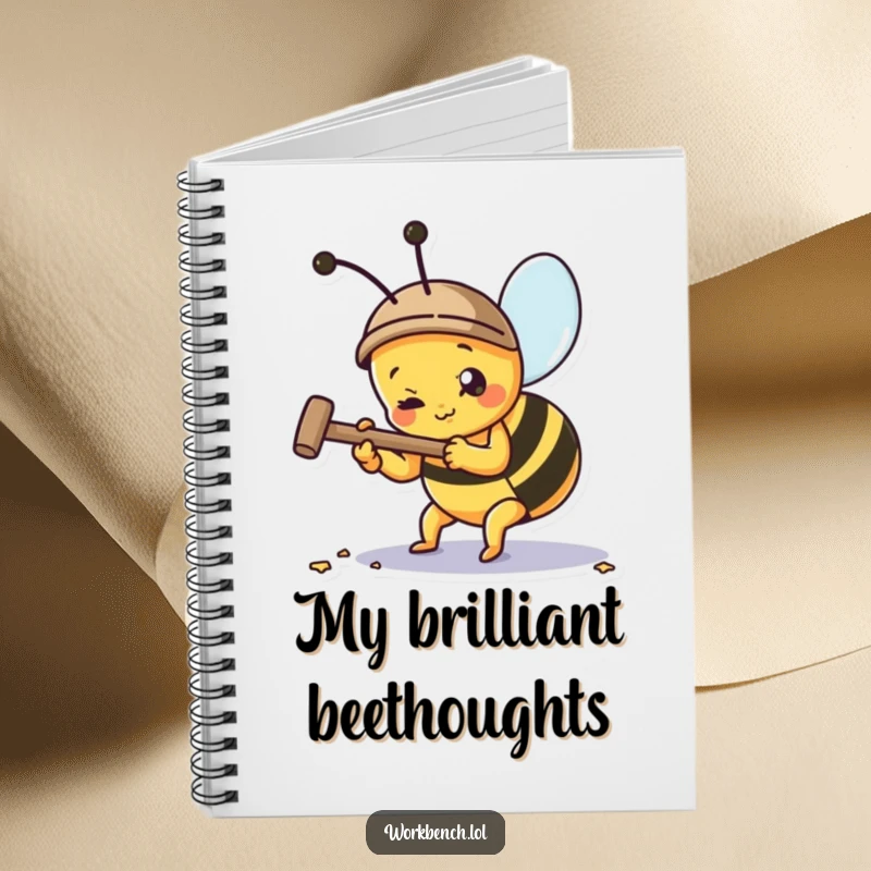 Funny bee hammering a nail on a lined notebook cover, great for jotting down ideas and tasks.