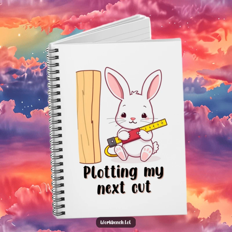 Funny rabbit carpenter notebook, rabbit with measuring tape and wood, inspiring notes and creative ideas with humor.