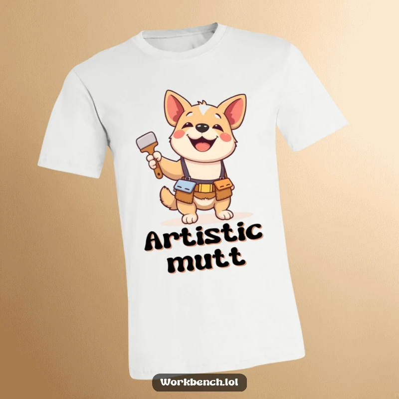 Funny t-shirt: A playful dog in a tool belt, gleefully holding a paintbrush, celebrating DIY, home decor, and dog lover humor.
