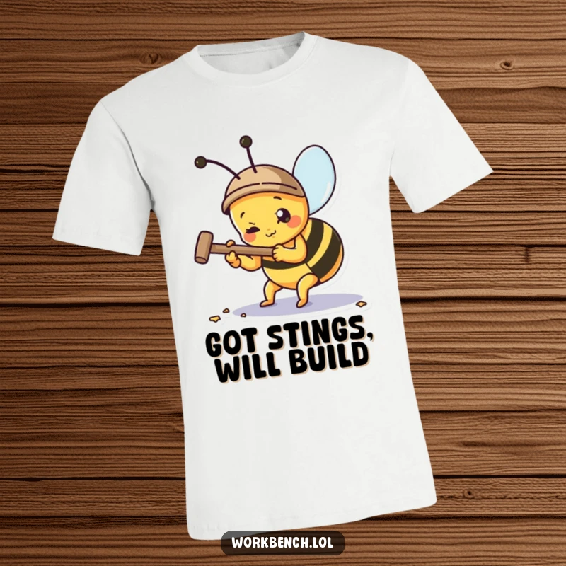 Funny bee character energetically hammering a nail, symbolizing productivity and a funny, can-do attitude on a tee.